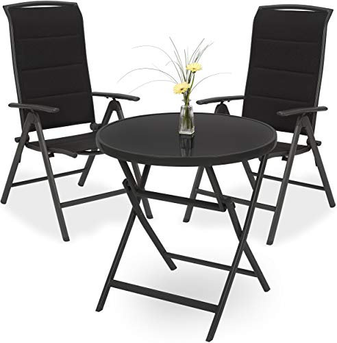 BRUBAKER Garten Sitzgruppe Milano - 1 Glastisch Klapptisch rund 70 cm Ø mit 2 Hochlehner Stühlen - Aluminium - Wetterfest - Anthrazit