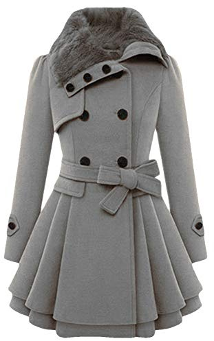 EFOFEI Women's Vintage Faux Wool Blend Coat Slim Lady Faux Fur Collar Jacket Winter Outwear Plus Size Grey S