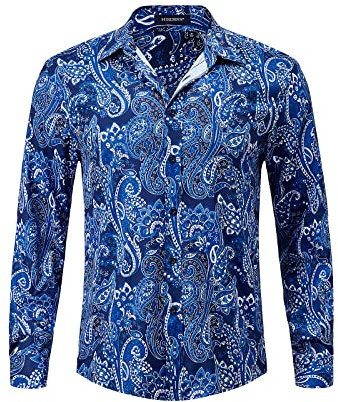 HISDERN Camisas Manga Larga Hombre Azul de Paisley para Fiesta Boda Trabajo Camisa con Estampado Elegante Informales Patrón único Regalo para Muchacho