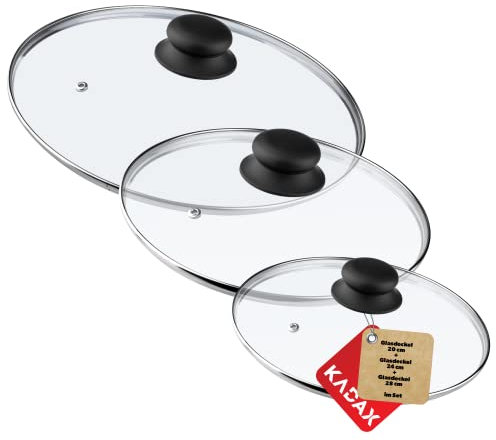 KADAX Set di coperchi in vetro, diametro 14-30 cm, coperchio resistente al calore per pentola, padella, coperchio con manico in plastica, coperchio universale (20 + 24 + 28 cm)
