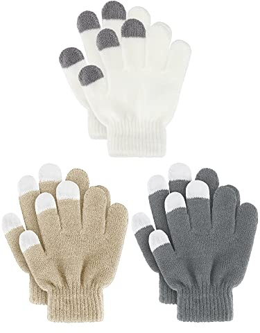 3 Paires Gants Tricotés d'Enfants Mitaines d'Hiver d'Enfants Gants en Pleins Doigts de Tout-Petits (Blanc, Kaki, Gris)