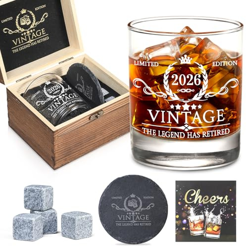 Retirement Gifts for Men Whiskey Glass Set - The Legend Has Retired 2026 - Retirement Party Decorations, Supplies - Gifts Ideas for Him, Dad, Husband, Friends - Wood Box & Whiskey Stones & Coaster