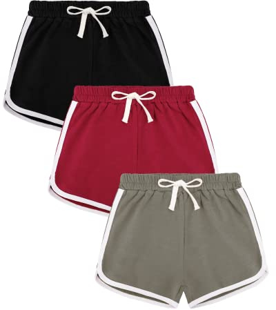 Auranso Girls Athletic Shorts 6-14 Years Teen Kids Running PE Gym Sports Shorts Colourful Summer Casual Beach Short Pants 3 Pack Black Red Grey, 8-10 Years