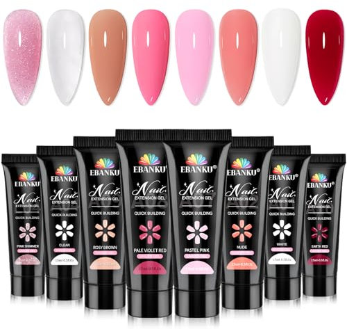 EBANKU Kit de Uñas de Gel, 8 Colores Glitter Poly Nail Extension Gel Profesional para Salones y Casa, Regalo de Damas