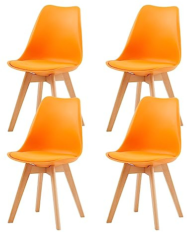 EGGREE Pack de 4 Sillas Comedor Sillas de Cocina Nórdico con Asiento Tapizado y Las piernas de Madera de Haya Maciza - Naranja