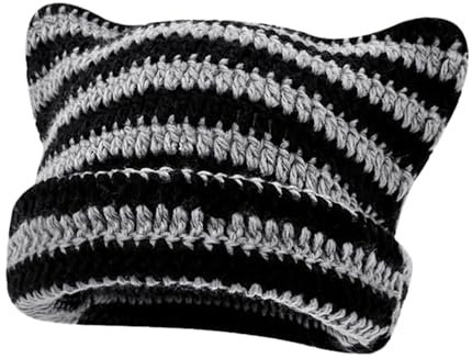 JTMKYO 1 Gestreifte Katzenohrenmütze, Häkelmütze Für Damen, Weiche, Lässige Gestreifte Mütze, Warme Katzenohrenmütze, Warme Wintermütze, Damenmütze, Plüschstrickmütze (Schwarzgrau)