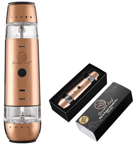 2 in 1 Electric Salt and Pepper Grinder Set, Rechargeable with USB-C, Automatic Battery Operated Salt and Pepper Shakers, Pepper Mill Grinder with Adjustable Coarseness, Rose Gold Gourmet Easy