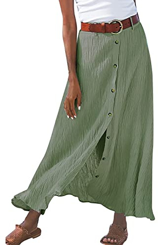 Linnekjol dam lång A-linje kjol hög midja mjuk stretchig maxikjol lång luftig sommarkjol med knapp dam fritidskjol mode boho strandkjol, 1-grön, XL