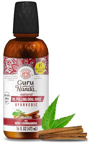 GuruNanda Cinnamon Oil Pulling Mouthwash, Promotes Calmness, with Neem & Ashwagandha for Fresh Breath & Happy Gums, Alcohol-Free, 16 Oz