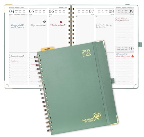 POPRUN Agenda 2025 2026 Semainier 25,5 x 21,5cm D'Août 2025 à Déc 2026, Planner Vertical Scolaire 17 Mois Couverture Rigide Spirale, Avec règle signet, Papier 80g/m², Vert Minuit