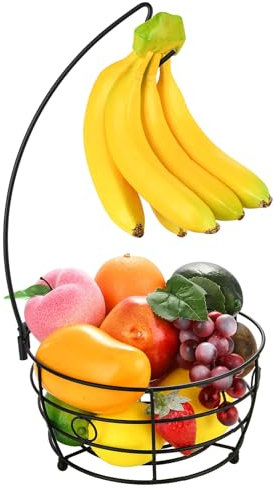 DIYZON Cesta de Frutas para Encimera con Colgador de Plátano, Moderno Cuenco de Almacenamiento de Frutas y Verduras, Adecuado para Encimera de Cocina