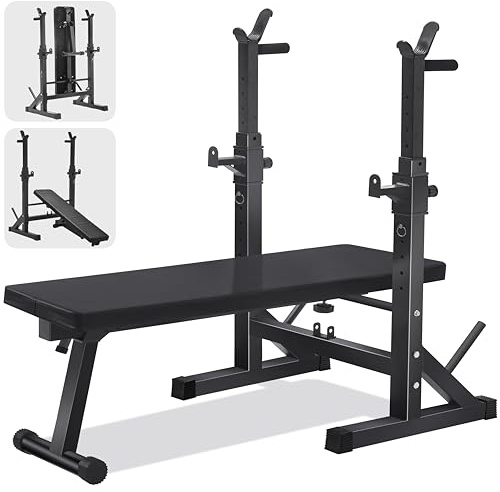 FK Sports Weight Bench With Barbell Rack & Dip Station - 6 Adjustable Levels, 200KG Heavy Duty Gym Bench, Foldable Workout Bench for Bench Press & Sit up, Multi Use Exercise Benches Home Gym Equipment