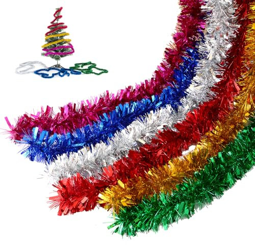 LHLZNB 7Pcs 14M Luxurious Gold Tinsel & Christmas Tinsel Garland - Thick Red & Gold Tinsel for Christmas Tree Decorations - Multi-Colored Rainbow Tinsel for Festive Holiday Cheer (7 colors 14M)