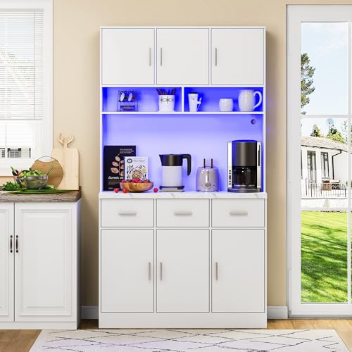 KUAKE Küchenoberkante,Multifunktionales Buffetschrank mit LED-Beleuchtung mit 3 Schubladen, verstellbare Regale MDF, Aufbewahrungsschrank ﻿ (Weiße)