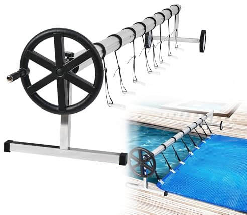 YARDIN Pool upprullningssystem upprullningsanordning av aluminium rostfritt stål inkl. 8 fästband för poolpresenningar och solfilm simning pool tillbehör 3 m till 5,7 m justerbar