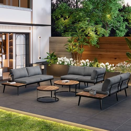 Zepneiy Salon de Jardin Exterieur 6 Personnes avec canapé 2 Places et 2 canapés 1 Place et 2 Tables, Meubles de Balcon en Fer galvanisé pour Plein air Jardin Balcon, Gris
