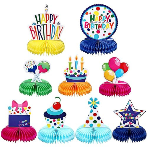 EnixwH 9 Pièces Centre De Table Anniversaire Décoration De Table en Nid d'abeille Fête Cadeau Enfant, Deco Bapteme Birthday Decoration Set pour Enfant Hommes et Femmes Fournitures De Fête