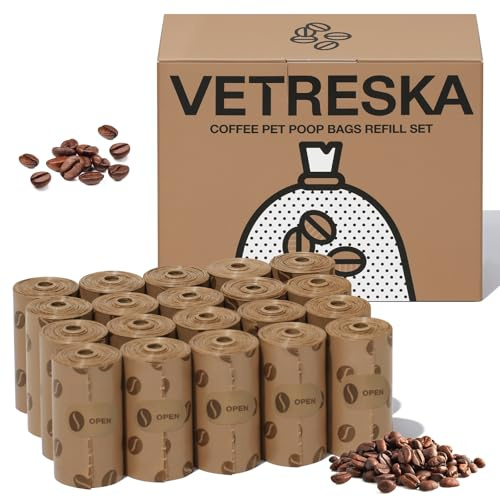 VETRESKA Sacs à Crotte pour Chien, Sacs à Déchets à Arôme de Café, Étanchéité Garantie, Extra Épais et Grand, pour Chiens et Chats - 300 Sacs (20 Rouleaux de Recharge)