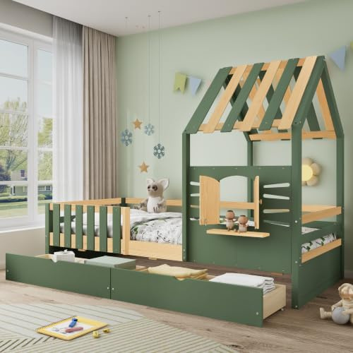 Merax Kids Single Bed Frames 3FT Children's Storage Bed Wooden House Cabin Bed, with 2 Drawers with wheels, Sturdy Safety Guardrail, Imitation roof shape with windows, Green+Natural,90x190cm