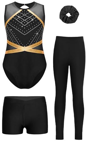 Sinleey Turnanzug Mädchen Gymnastikanzug mit Leggings und Shorts Haarband 4-teiliges Gymnastikoutfit Gymnastikset Kinder A Schwarz 158-164