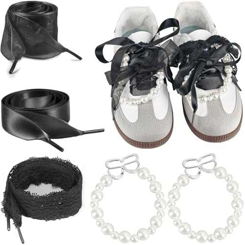 Lacesgian Juego de cordones de cinta de satén con dijes de zapatos de perlas, cordones planos anchos románticos para zapatos deportivos para mujer