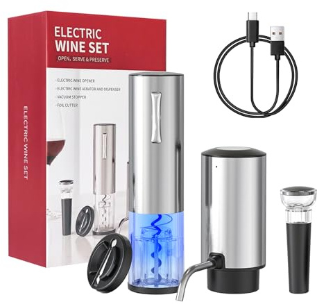 Todeco Cavatappi Elettrico 4 in 1, Set Apribottiglie Ricaricabile USB con Versatore e Aeratore Automatico, Tagliacapsule e Tappo Sottovuoto, Set Regalo per Amanti del Vino