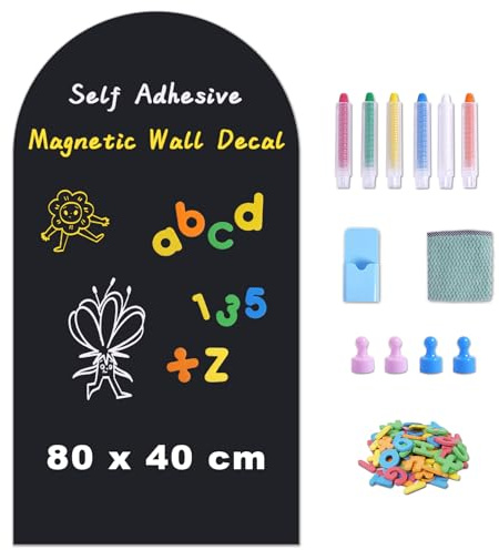 WIBOSOGA Lavagna Magnetica Adesiva da Parete 80 x 40 cm – Pellicola Lavagna Nera Cancellabile Peel & Stick con Superficie Magnetica, Design Arco, Accessori Inclusi – Casa, Ufficio e Scuola (Nero)