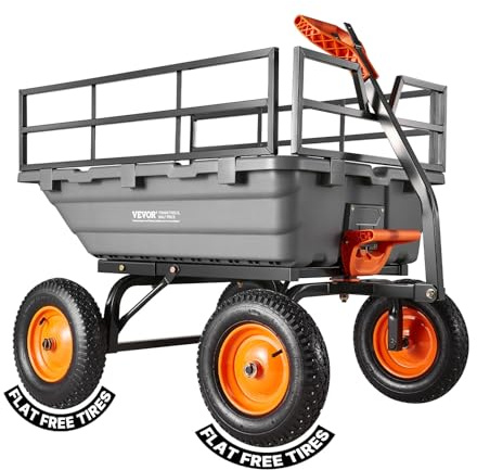 VEVOR Carro de Jardín Basculante 680 kg de Carga, Carretilla de Transporte con Valla Metálica Desmontable Mango Flexible Ruedas Todo Terreno, Carrito de Mano para Jardinería Herramientas Construcción