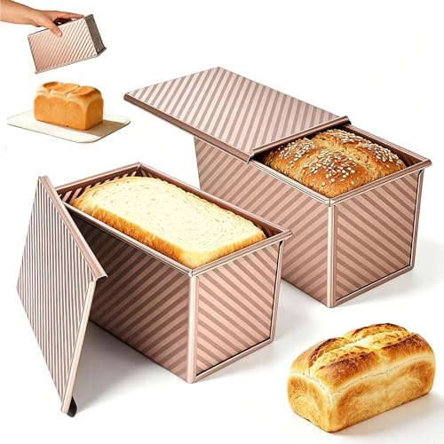 Trendecor 2 teglie per pagnotta, 450 g, antiaderente, con coperchio scorrevole, in acciaio al carbonio dorato, per cuocere pane tostato e torte