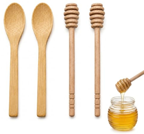 Cucharas para Miel de Madera 4 Piezas, Cuchara Miel con Diseño Panal, Palitos para Miel Madera para Dispensador de Miel, Dosificador de Miel para Té Café y Postres
