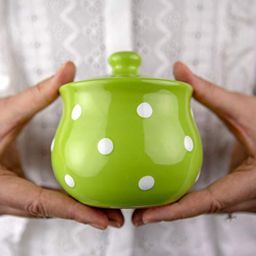 City to Cottage | Sucrier Pot de sucre | vert pomme à pois blancs en céramique avec couvercle fait et peint à la main