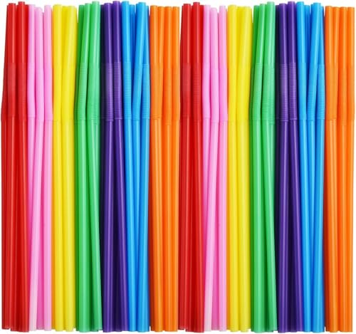 ALINK 200 PCS Flexible Plastic Drinking Straws, 10.2 Inches Extra Long Colorful Disposable Bendy Party Fancy Straws