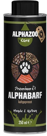 alphazoo Premium Barf-Öl für Hunde & Katzen 250 ml I Natürliches Futteröl I Lachsöl, Hanföl mit Omega 3-6-9 Fettsäuren I Glänzendes Fell, gesunde Haut