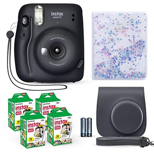 Fujifilm Instax Mini 11 Instant Camera Charcoal Gray + Fuji Film Value Pack (40 Sheets) + Shutter Accessories Bundle, Incl. Compatible Carrying Case, Quicksand Beads Photo Album 64 Pockets