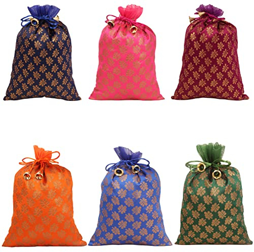 Touchstone Drawstring Bags Traditional Indian Handcrafted in Mimosa leaf Pattern Brocade fabric. Perfect for Gifts Jewelry Weddings Sweet Distribution Set of 6 Vibrant Multicolor Pouches Purses Potli