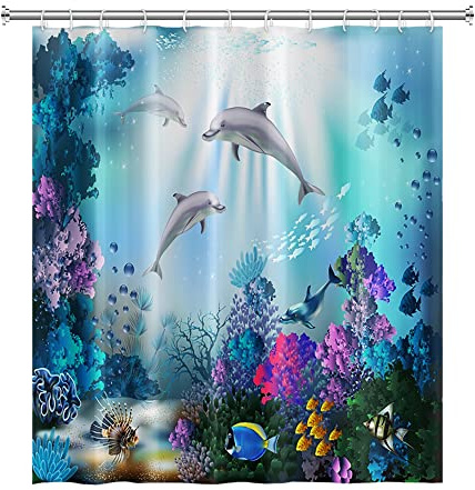 SDOTPMT 105x160cm Ozean Delfin Duschvorhang Sonnenstrahl Tropisch Bunt Fisch Badevorhang Unterwasser Welt Marine Tiere Badewannenvorhang für Badezimmer Dekor Stoff Polyester Wasserdicht mit Haken