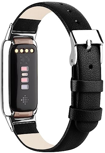 Wanme Lederarmband, kompatibel mit Fitbit Luxe, für Damen und Herren, weich, atmungsaktiv, Sportarmband, Metall, klassische Schnalle, Armband, Ersatzband, Schwarz