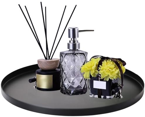 HOMURY Rundes Serviertablett aus Metall, Schwarz Ø 32cm - Dekotablett mit Rand für Café, Kosmetik, Dessert | Kellnertablett, Ablageschale, Schmuckständer