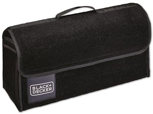 BLACK+DECKER Organizer Bagagliaio Auto - Accessori Auto Interno 55 x 15 x 23 cm - Portaoggetti Auto con 1 Grande Scomparto e 2 Tasche Laterali - Accessori Auto con Velcro - Nero