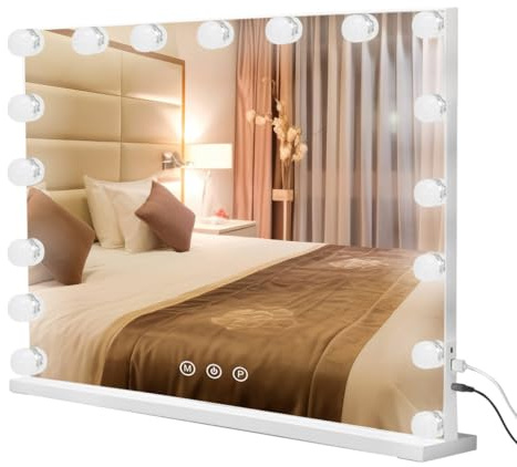 Buildonely Hollywood Sminkspegel 60x52 cm, Spegel met 17 Justerbara LED-lampor, 3 Ljusstyrkelägen, Intelligenta Minnefunktion, Touch Control, USB och Type C Laddare, Väggmontering, Vit