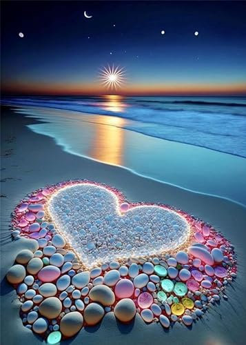 HecticCore 5D Diamond Painting Set für Erwachsene, herzförmiger Strand Vollbohrer Diamant Malerei DIY Diamond Painting Bastelset für Wohnzimmer und Schlafzimmer Wanddeko (30x40cm)