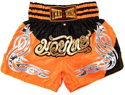 MUAY NATION Pantaloncini Muay Thai per Uomo e Donna, Pantaloncini da Boxe MMA dal Taglio Slim, Abbigliamento da Allenamento per Kickboxing (IT, Testo, M, Regular, Regular, Prm Arancione/Nero)