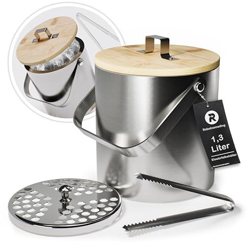 Rebelnomading Premium Eiswürfelbehälter Mit Deckel Aus Bambus u. Zange 1,3L - Eiswürfelbehälter Groß - Eisbehälter Für Eiswürfel - Eiskübel Mit Deckel - Eiswürfelbehälter Edelstahl Eimer