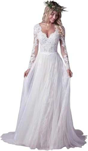 JIAJUPA Abiti da sposa a maniche lunghe per la sposa in pizzo spiaggia boho abiti da sposa da sposa per le donne abito da sposa country, bianco, 42