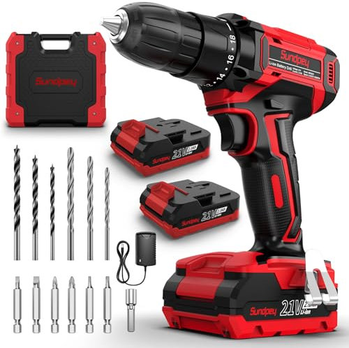 21V Taladro Atornillador a Bateria - Sundpey Taladro Electrico 45Nm con 2 Baterías de 2000mAh, 18+1 Ajustes de Torque, 2 Velocidad,10mm de Pinza, LED Luz Para Hogar, Bricolaje