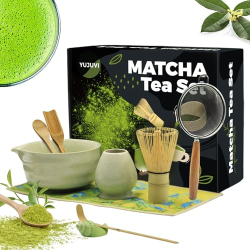 YUJUVI Té Matcha Kit de Ceremonia Japonesa Matcha Set 9 piezas Batidora de Matcha de Bambú, Cuenco de Matcha, Cuchara,Portacucharas, Kit de Ceremonia Matcha (Color de Matcha Kit)