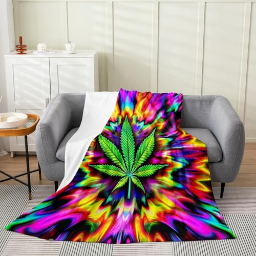 Marijuana Leaf Bed Blankets,Botanical Weed Leaves Flannel Blankets,Trippy Mandala Fleece Blanket for Teens Girls Boys Adult Living Room Decor,Neon Colorful Tie Dye Style Fuzzy Blanket,30×40
