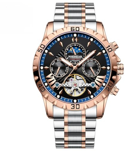 Poedagar Luxuriöse automatische mechanische Armbanduhr, Tourbillon, wasserdicht, leuchtend, Business-Herrenuhr, Datum, Woche, Edelstahl, Herrenuhren, roségold blau