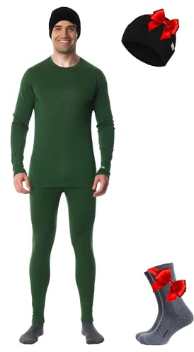 Merino.tech Set di biancheria intima termica da uomo in lana merino e berretto, Oliva, L