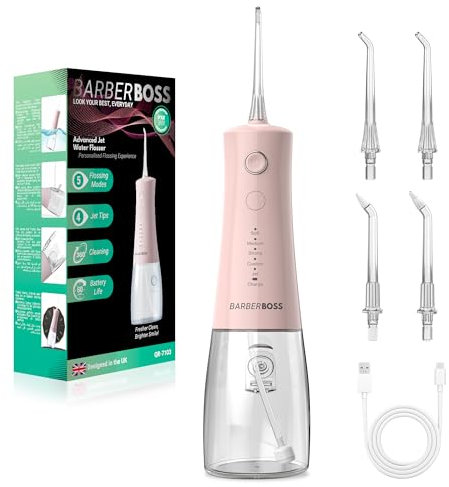 BarberBoss Idropulsore Dentale, irrigatore orale elettrico, 5 modalità di pressione, serbatoio 340 ml, impermeabile IPX8, ideale per cura delle gengive, senza fili orale quotidiana (Rosa Pastello)